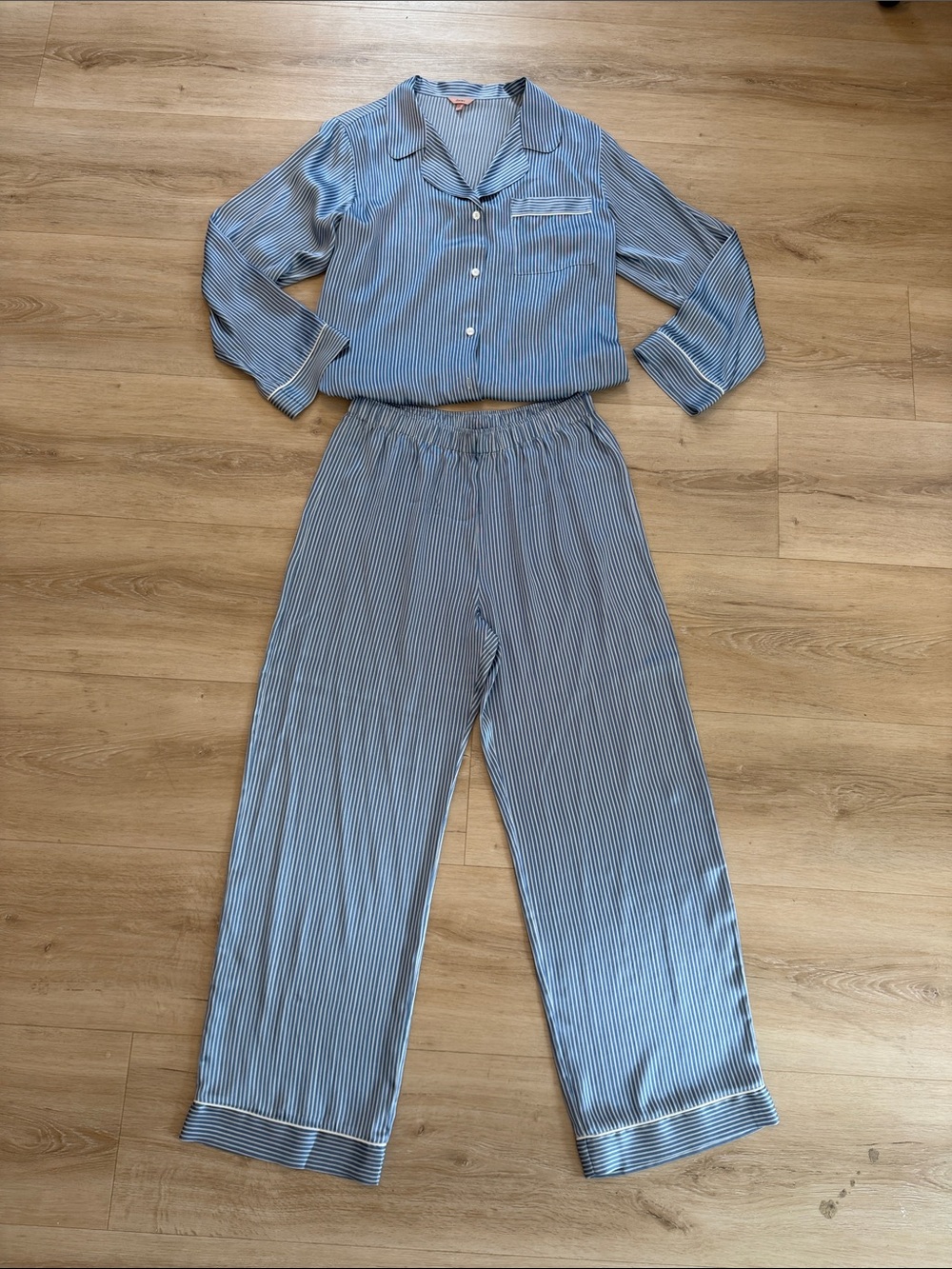 Eberjey Silk Light Blue Striped Long-Sleeve Pajama Set